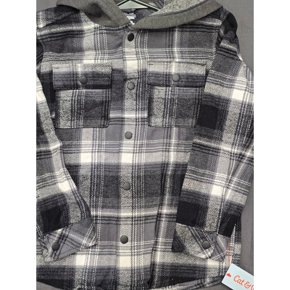 Cat & Jack Boys Hooded Flannel Shirt Charcoal White Plaid Snap Front Size  8 NWT